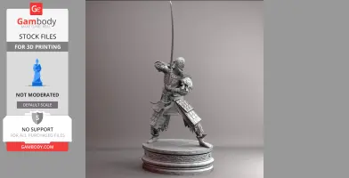 A detailed armored warrior in dynamic pose wielding a raised katana, ready for 3D printing.