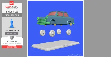 3D model of a Trabant 601 car with detached wheels on a display stand, ready for 3D printing.