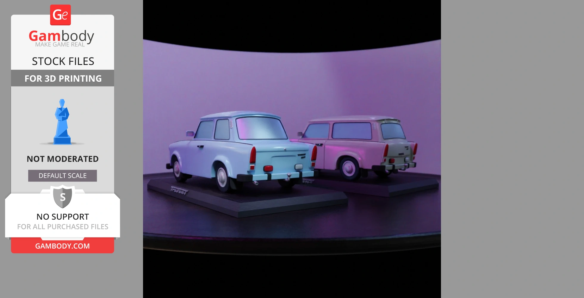 Two 3D-printed Trabant 601 models in pastel colors on display stands, under purple lighting.