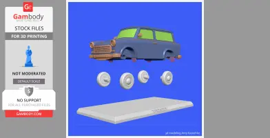 3D model of a blue Trabant 601 for 3D printing, with separate wheels and a display base.