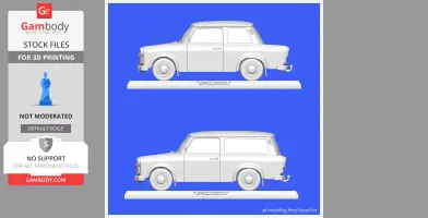 Two white 3D models of Trabant 601 cars on a blue background, side view.