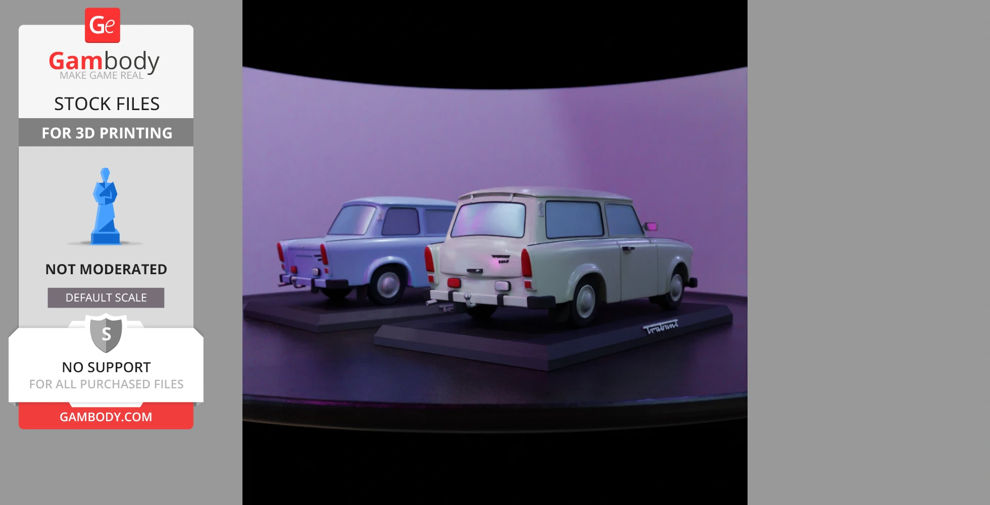 Two 3D printed models of Trabant 601 cars on display stands, in blue and white.