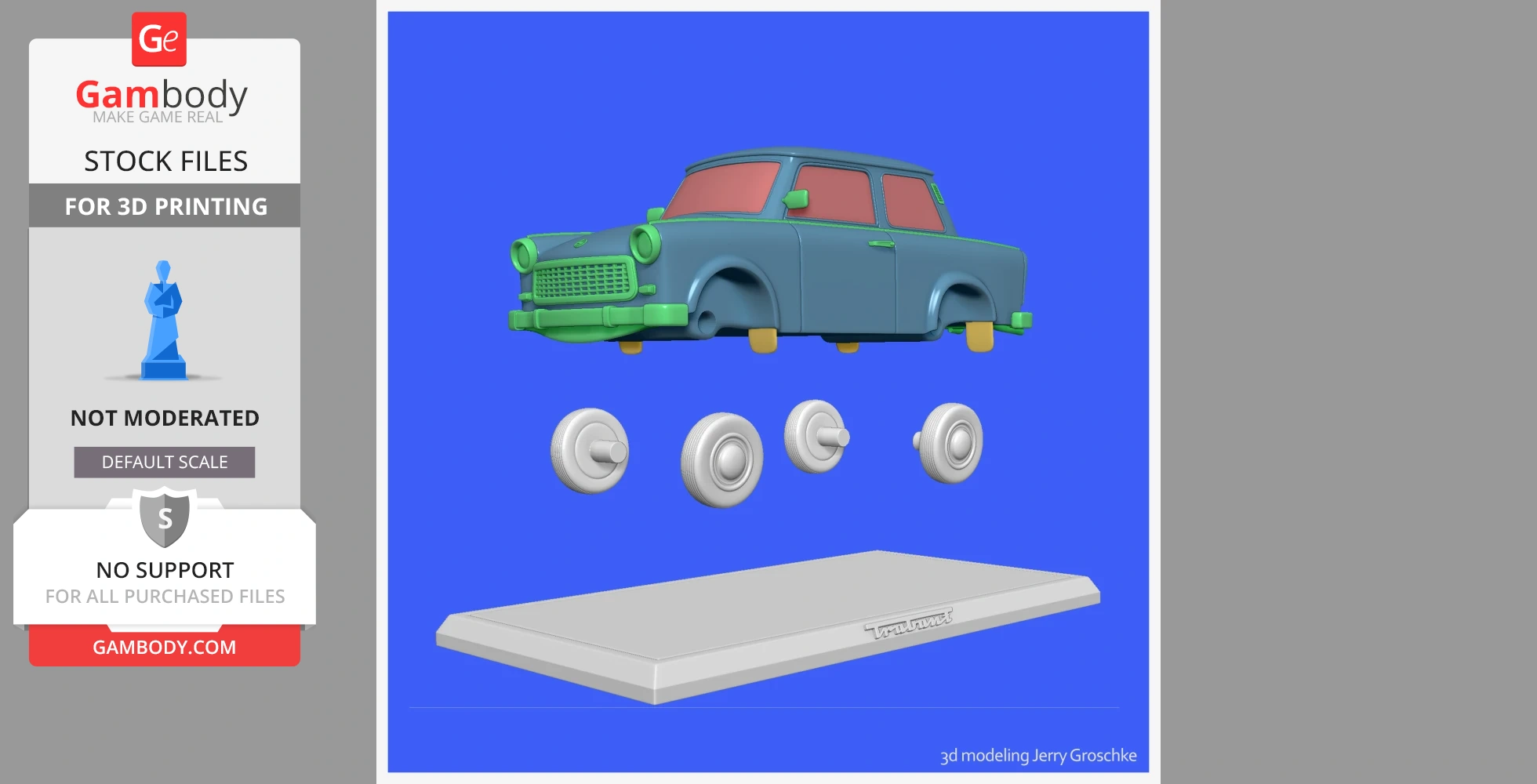 3D model of a Trabant 601 car with detached wheels on a display stand, ready for 3D printing.