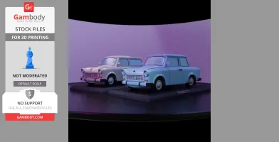 Two 3D-printed Trabant 601 models on display stands with a purple backdrop.