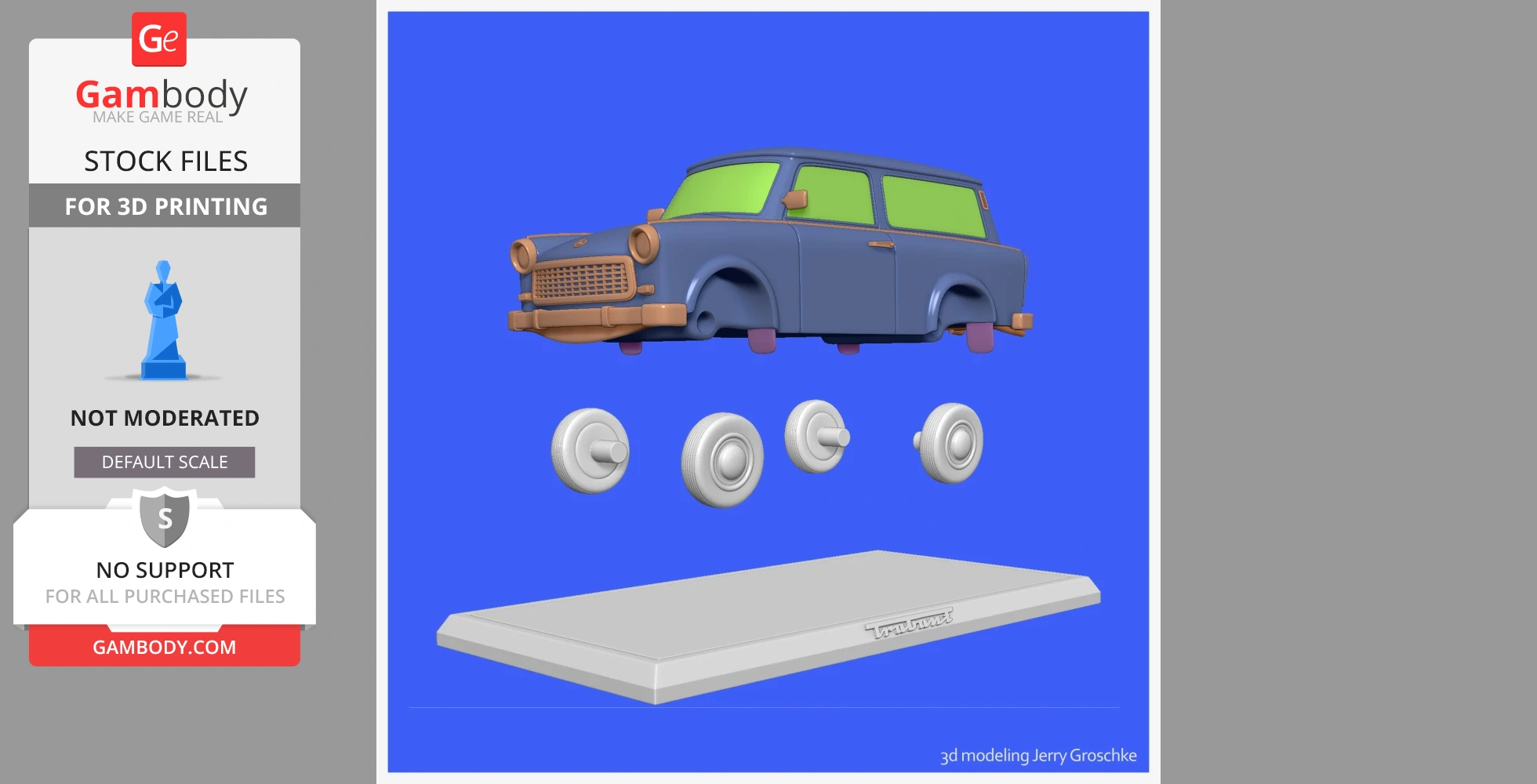 3D model of a blue Trabant 601 for 3D printing, with separate wheels and a display base.