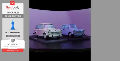 Two 3D printed models of Trabant 601 cars on display platforms, under purple lighting.