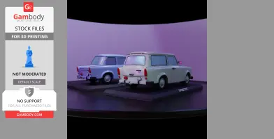 Two 3D printed models of Trabant 601 cars on display stands, in blue and white.