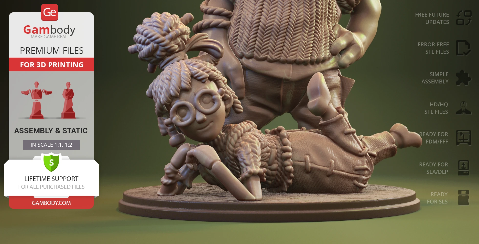 Two detailed characters in a diorama pose, designed for 3D printing, with fabric texture and dynamic stance.