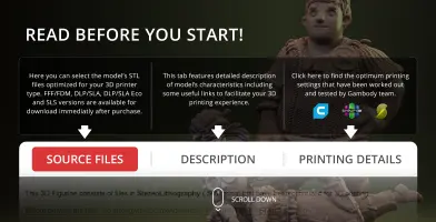 3D model diorama of two characters with a crafted attire, accompanied by 3D printing instructions.