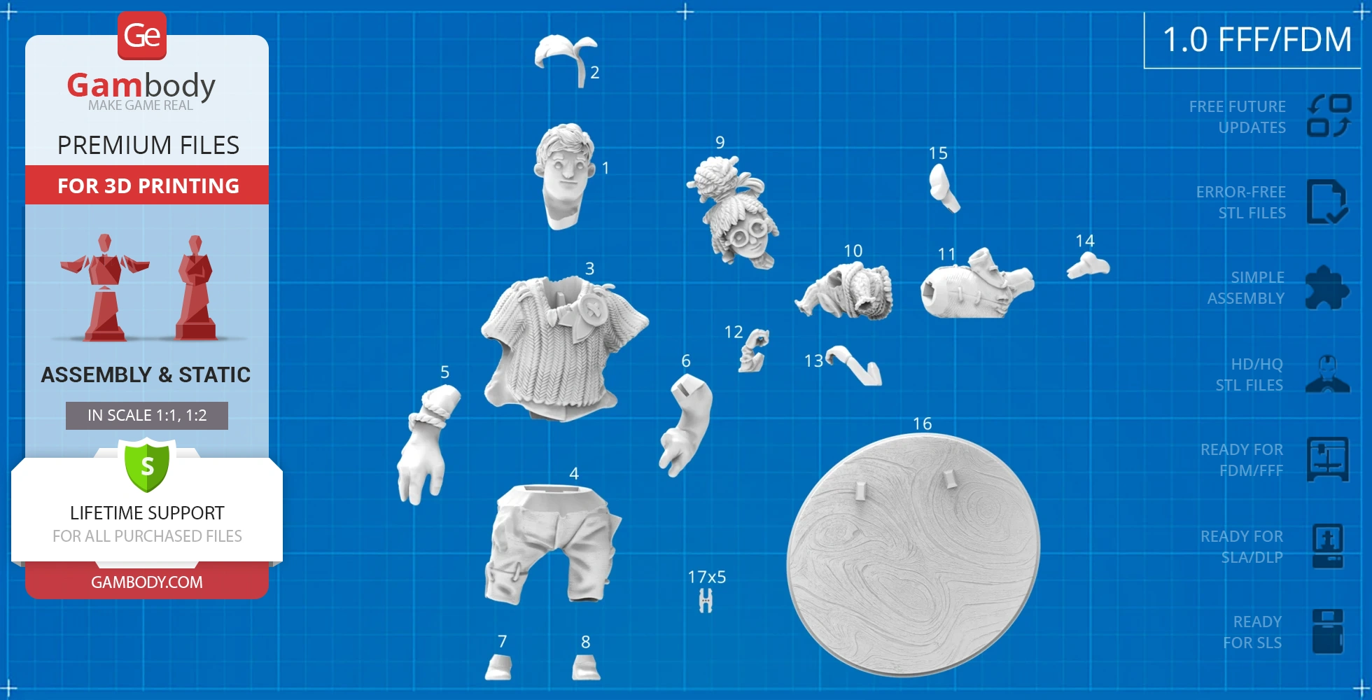 3D model assembly parts of Cody and May from a video game, displayed on a blueprint background.