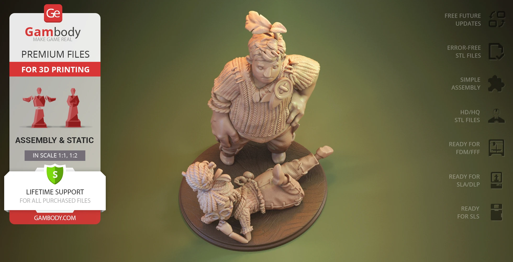 3D model of two characters on a round base, one standing and the other lying down, with detailed clothing.