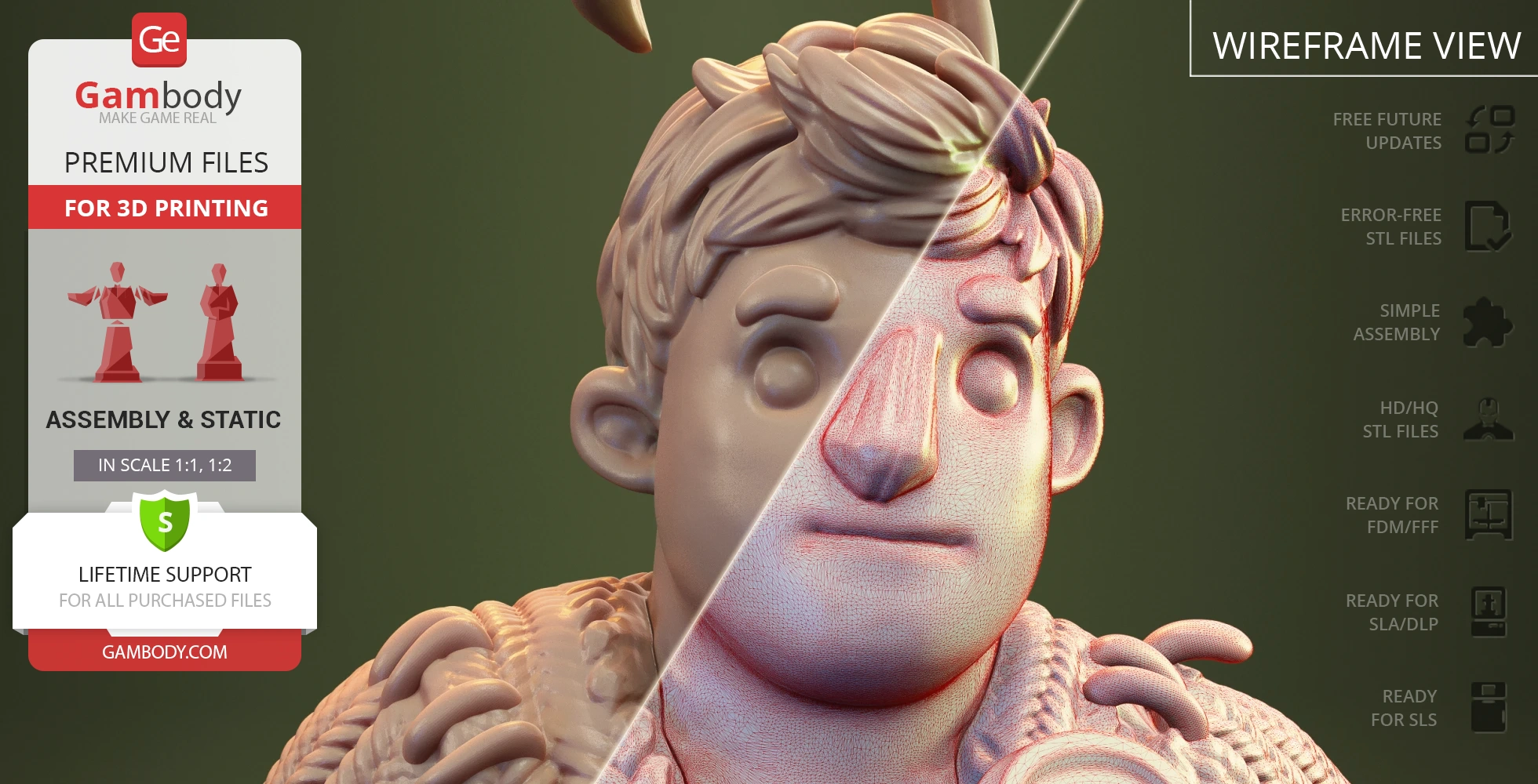 3D model of a character with detailed facial features, split view showing texture and wireframe.