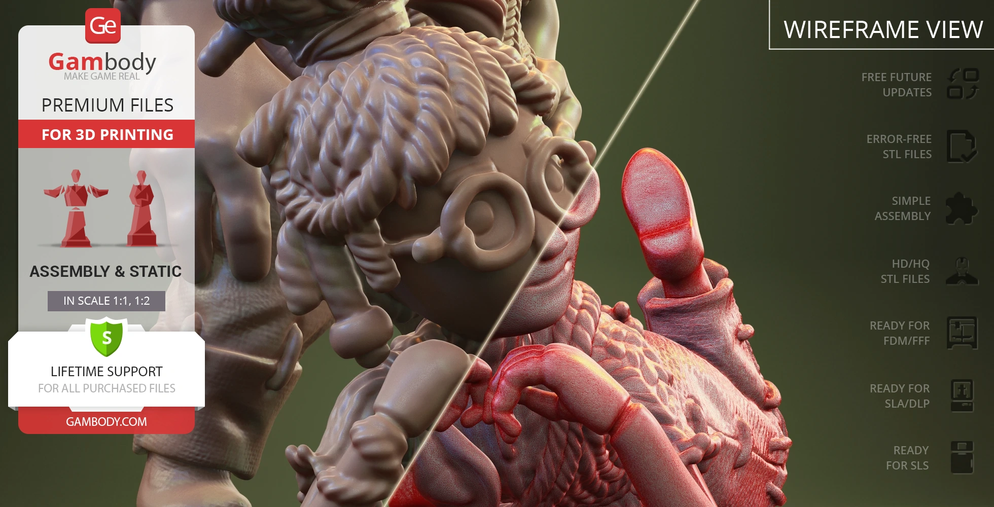 Two stylized characters with detailed textures in a 3D wireframe view for printing.
