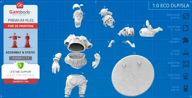 3D model parts of Cody and May figurines from a video game, shown on a blueprint background.