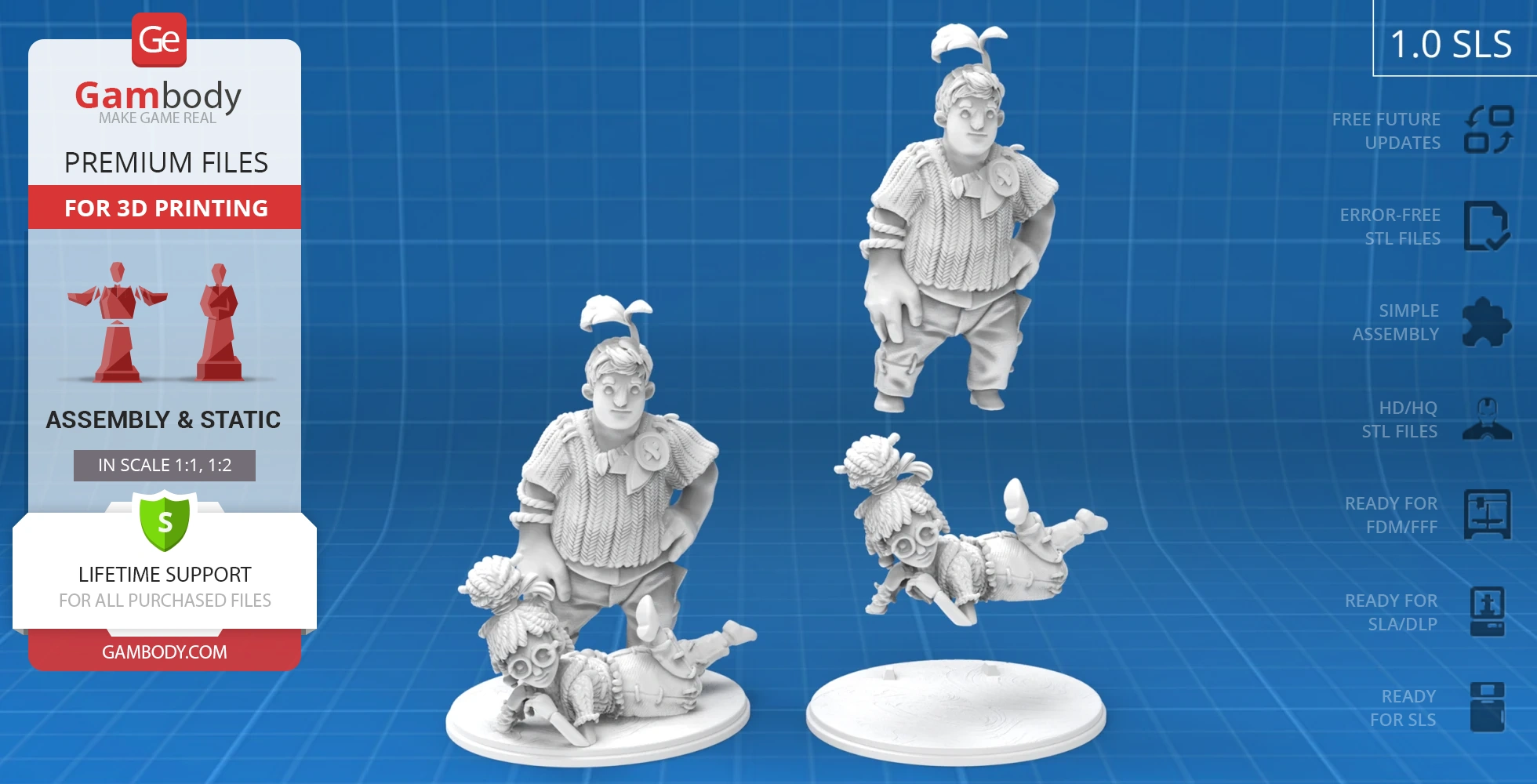 Two playful, detailed character figurines in dynamic poses on bases, suitable for 3D printing.