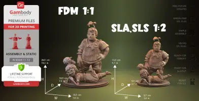 Two stylized characters in a diorama; one standing, one lounging on the ground.