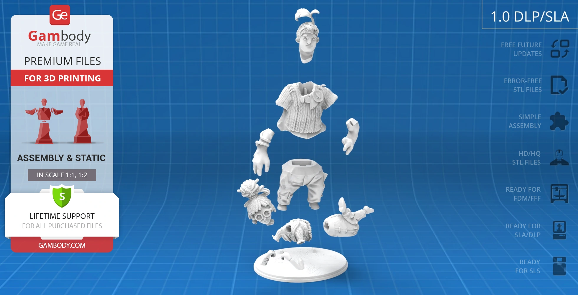 Exploded view of Cody and May 3D model parts displaying assembly layout for printing.