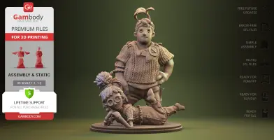 Two stylized characters posed in a playful diorama, ready for 3D printing.