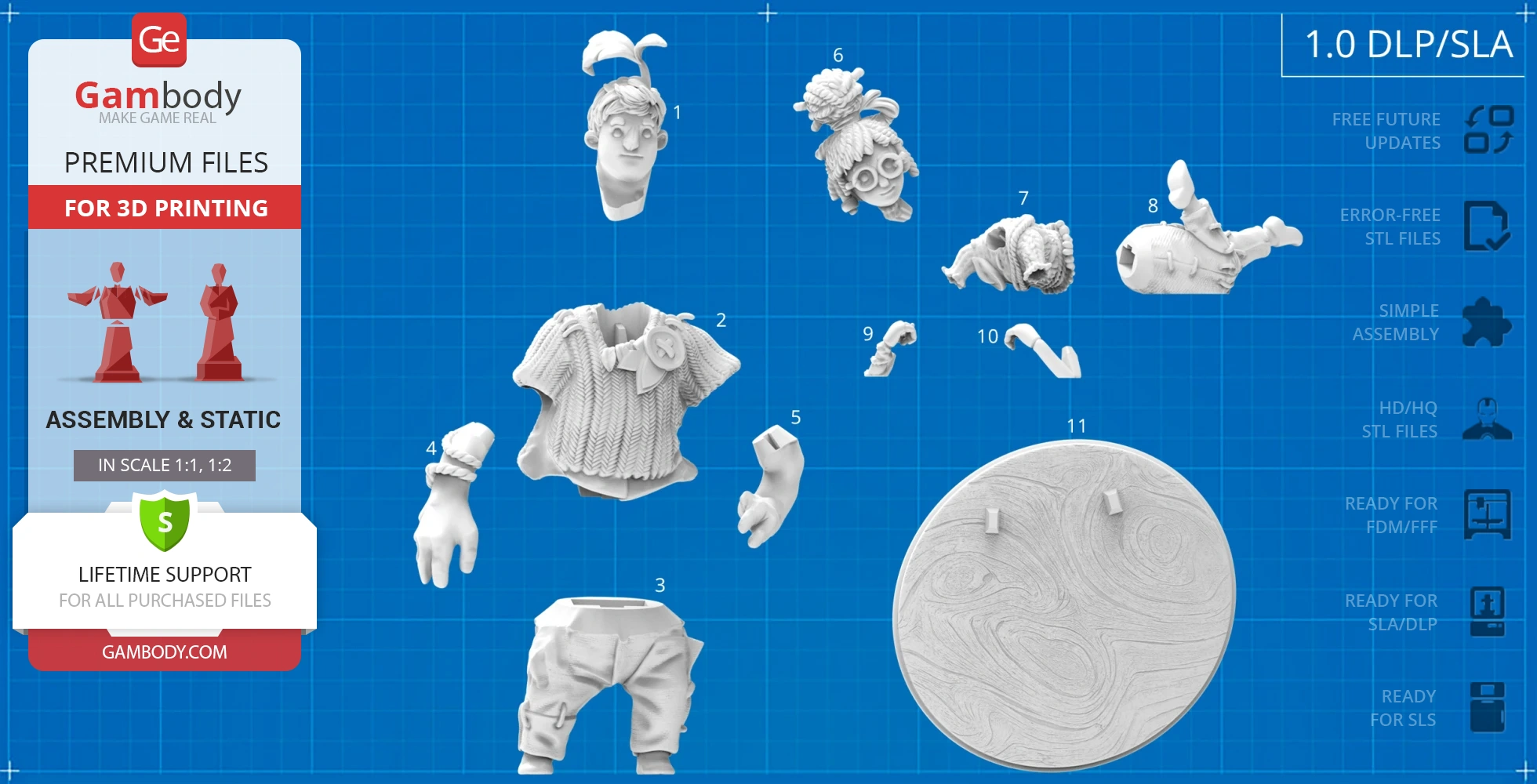 3D printing parts for Cody and May diorama, includes heads, torsos, limbs, and base on a blueprint layout.