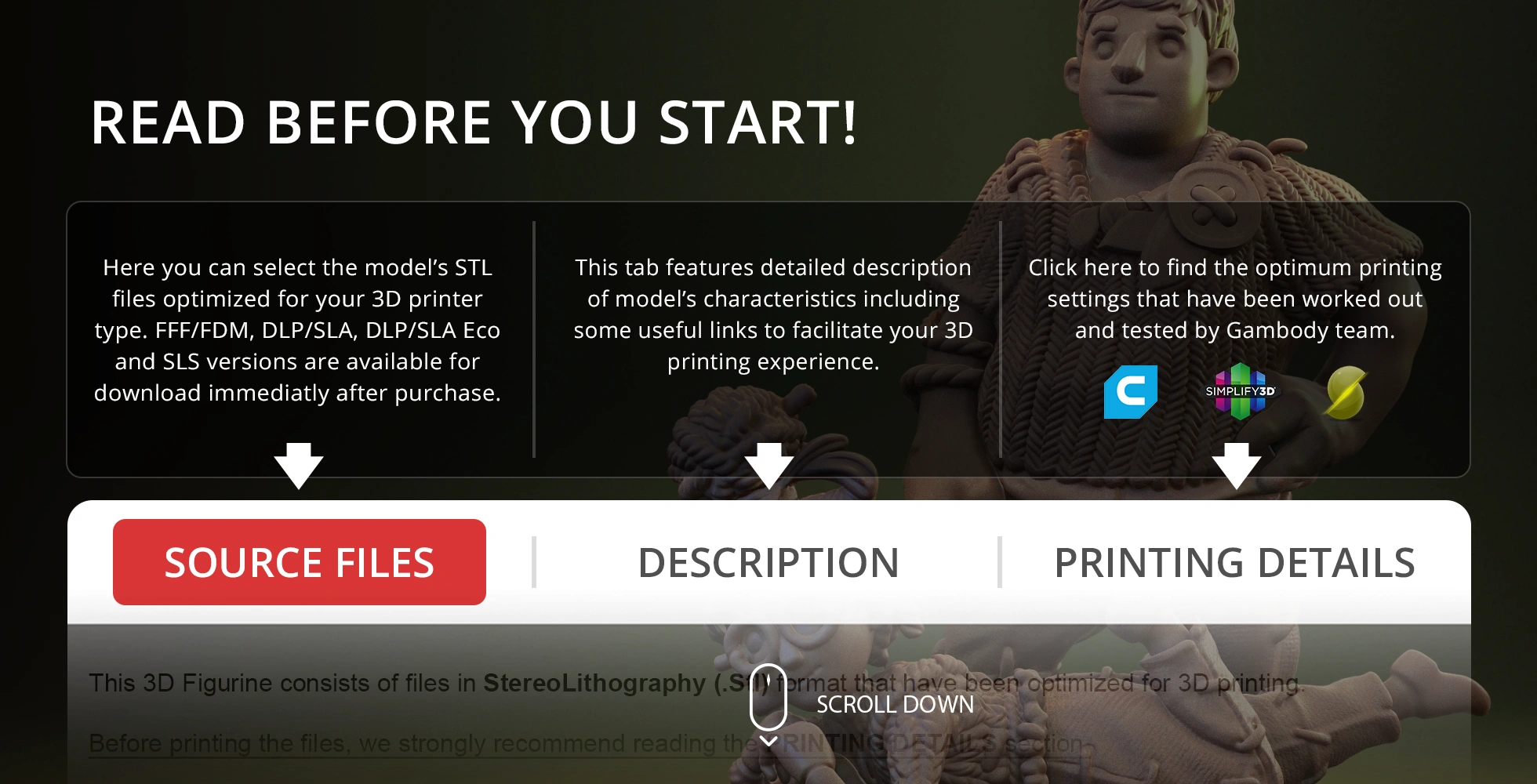 3D model diorama of two characters with a crafted attire, accompanied by 3D printing instructions.