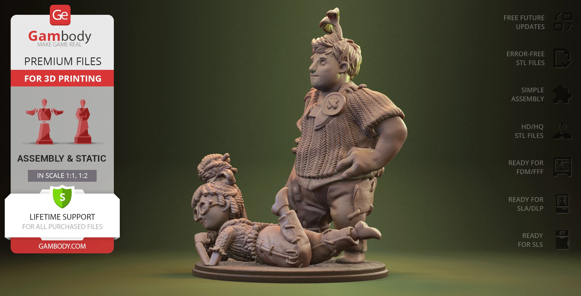 Two stylized game characters, Cody and May, in a playful diorama pose on a round base.