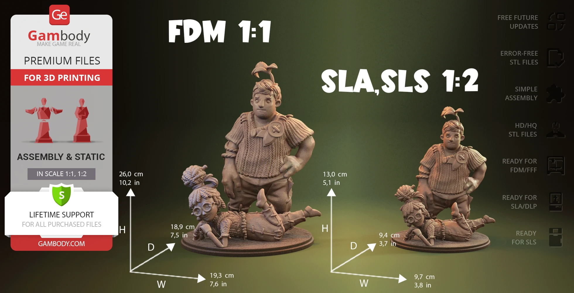 Two stylized characters in a diorama; one standing, one lounging on the ground.