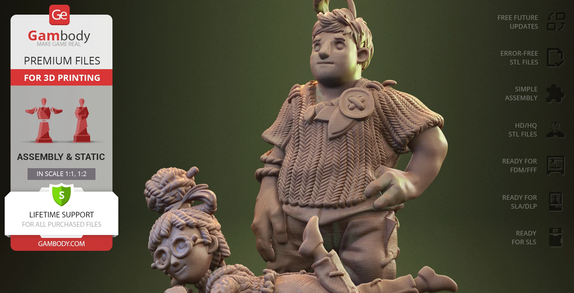 Two stylized characters in a diorama, featuring detailed textures and playful poses.