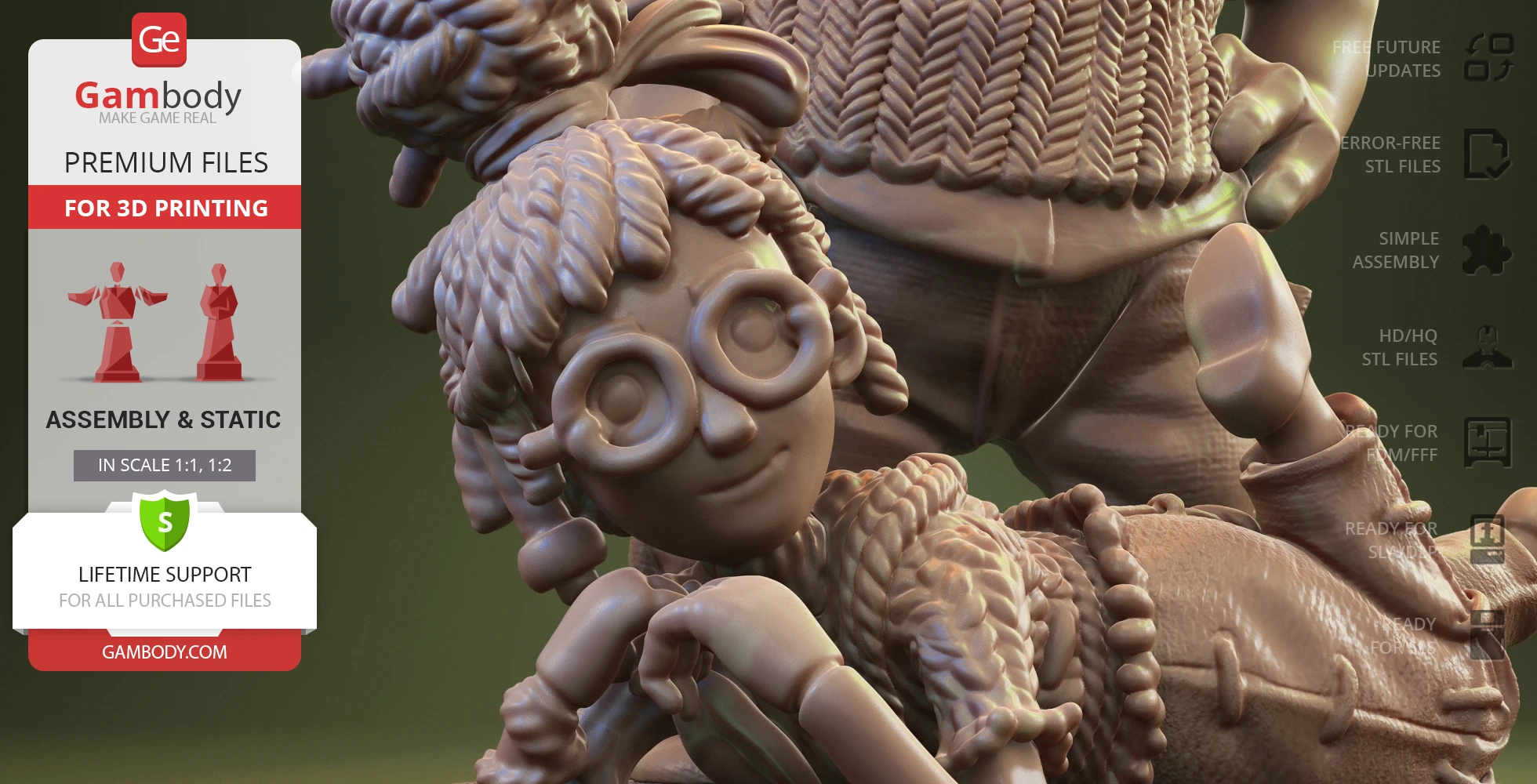 Two intricately detailed characters in cozy attire, captured in a playful pose.