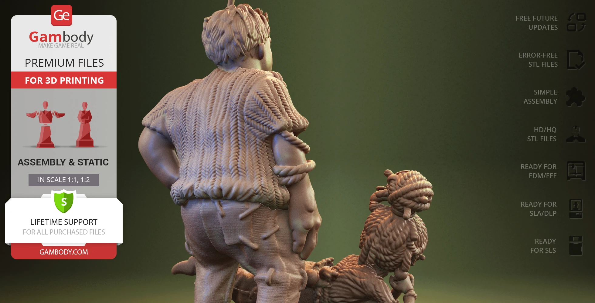 Two detailed characters in a diorama, facing away, surrounded by intricate elements.