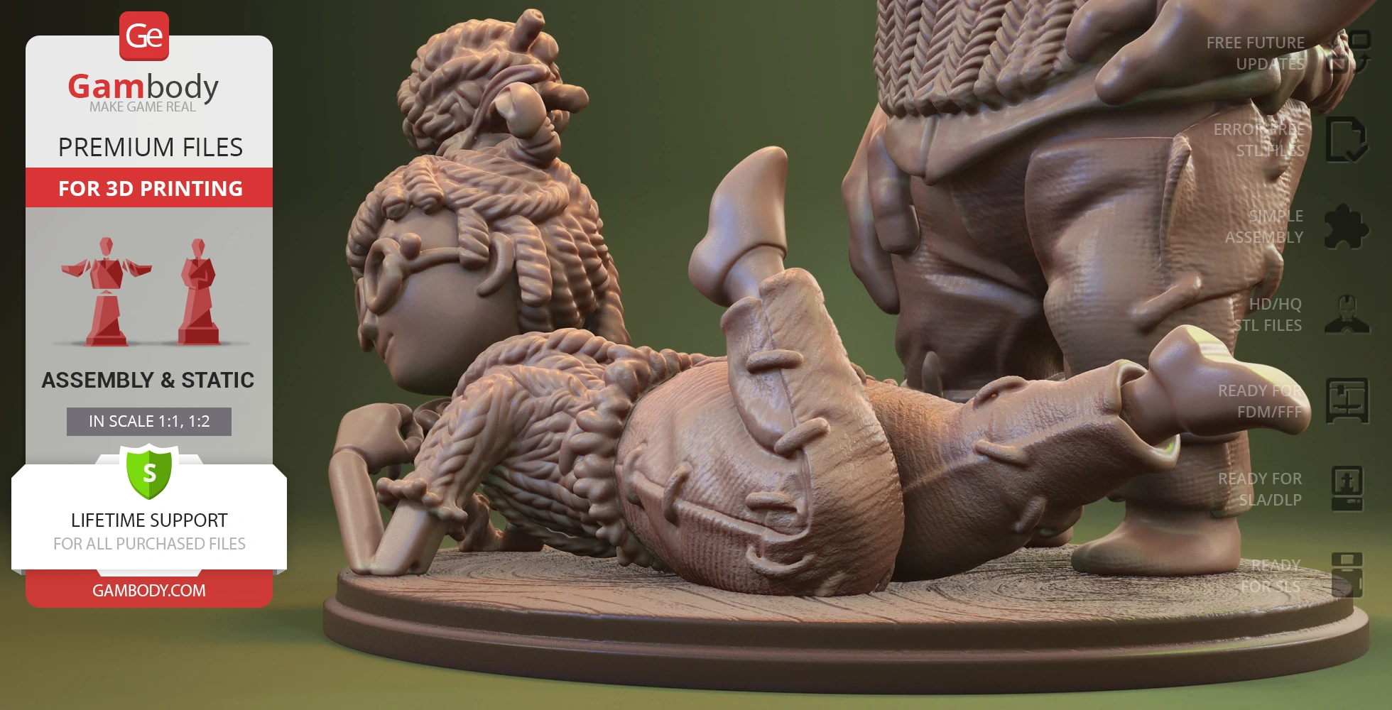 Two stylized 3D characters in detailed costumes on a circular diorama base.