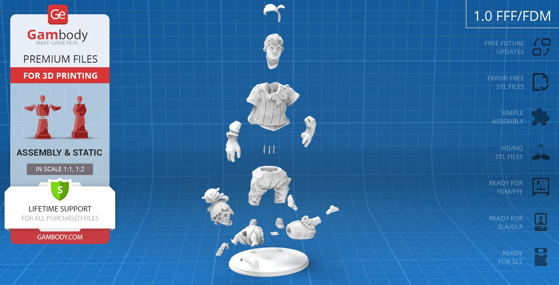 Two character models in parts for 3D printing assembly, with a base, set on a grid background.