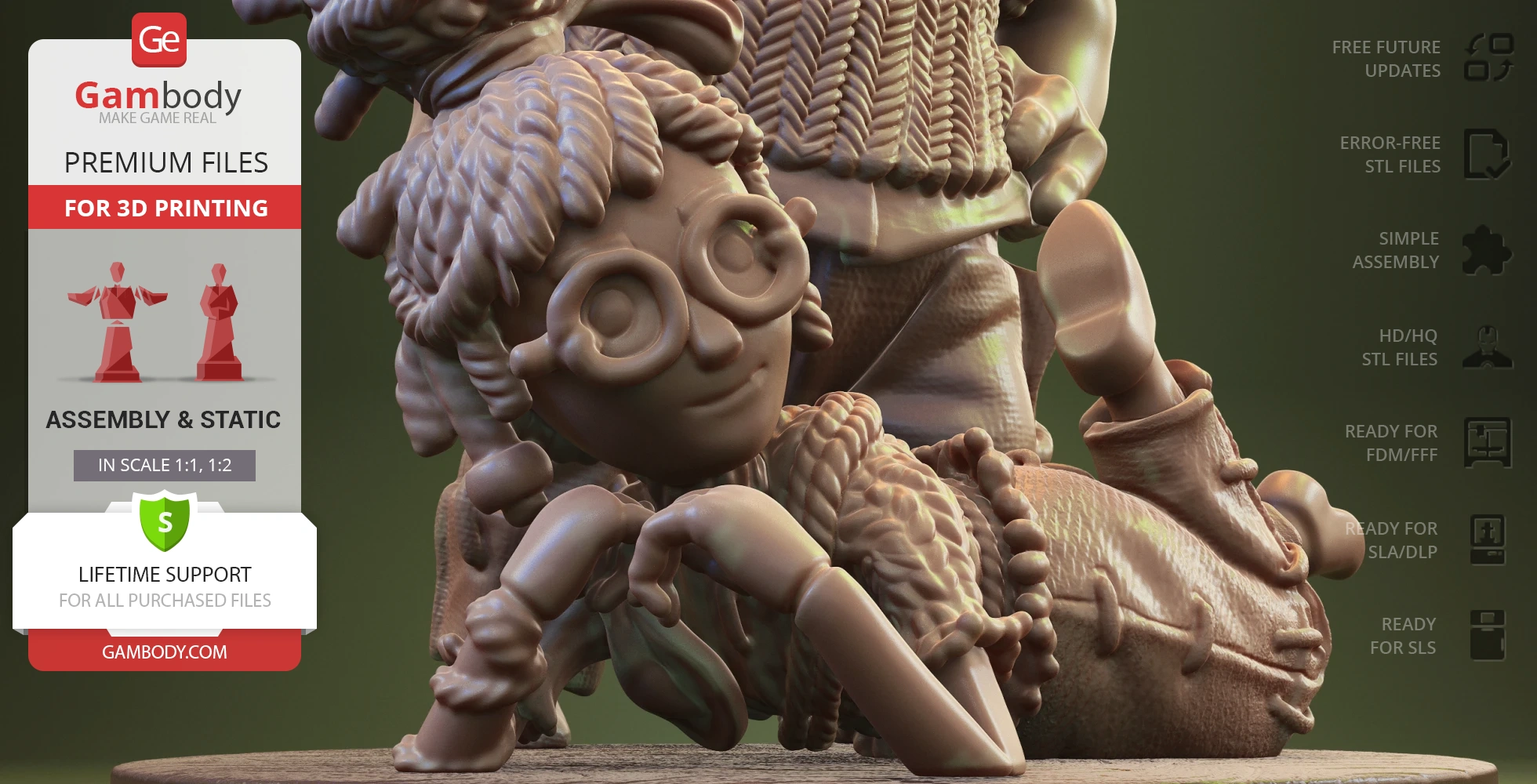 Diorama of Cody and May; character with braided hair, glasses, lying on textured surface.