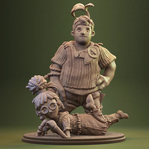 Two stylized characters in playful poses, one lying down, on a round base.