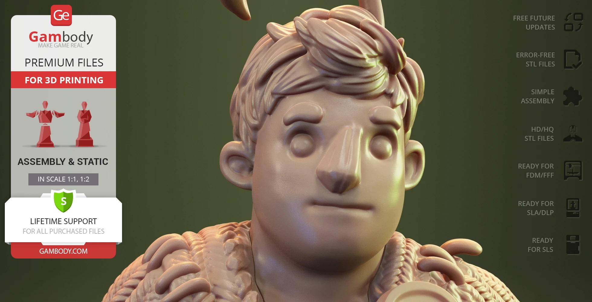 3D model of a character with stylized features, curly hair, and a textured sweater, designed for 3D printing.