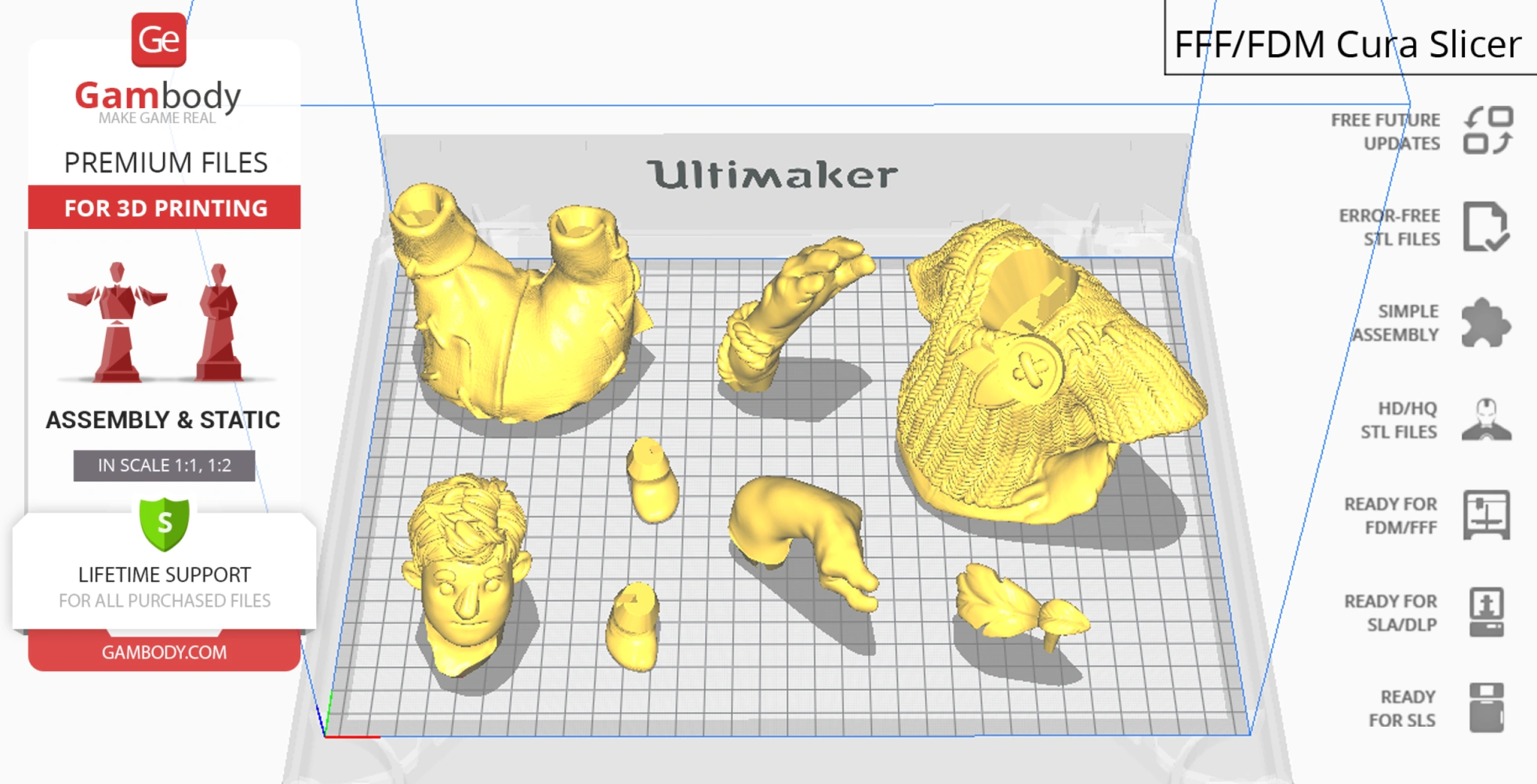 Various 3D model parts for Cody and May diorama, arranged on a 3D printing bed.