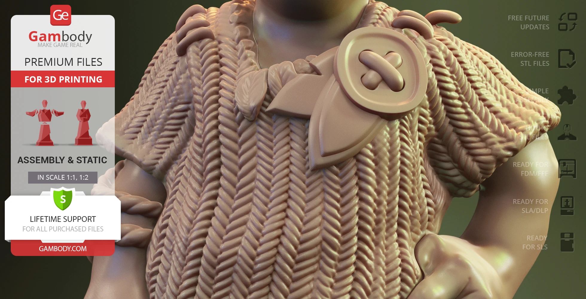 Detailed close-up of a knit-patterned fabric with a decorative button and leaf detail on a 3D printed model.