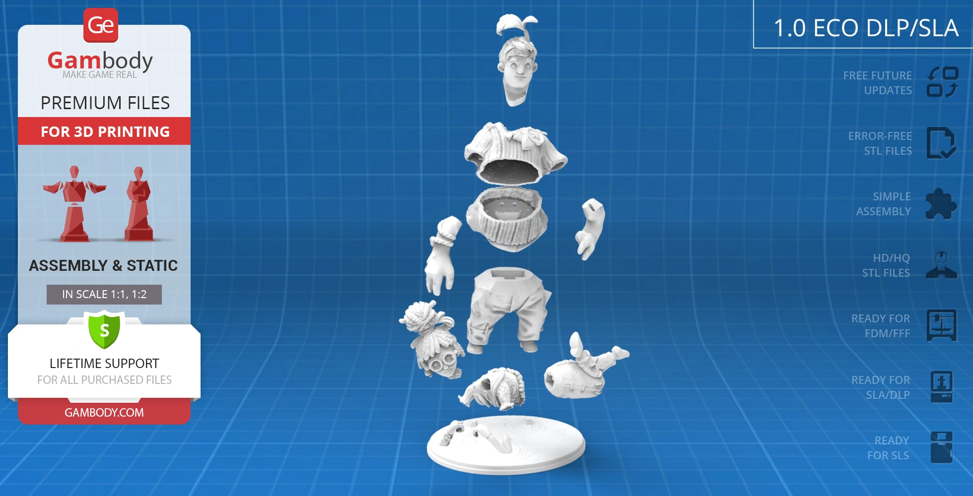 Exploded view of Cody and May figurines for assembly, showing parts like heads, torsos, and base.