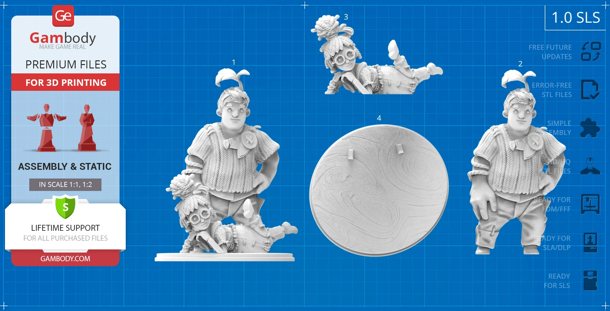 3D printable diorama models of Cody and May with a textured base platform.