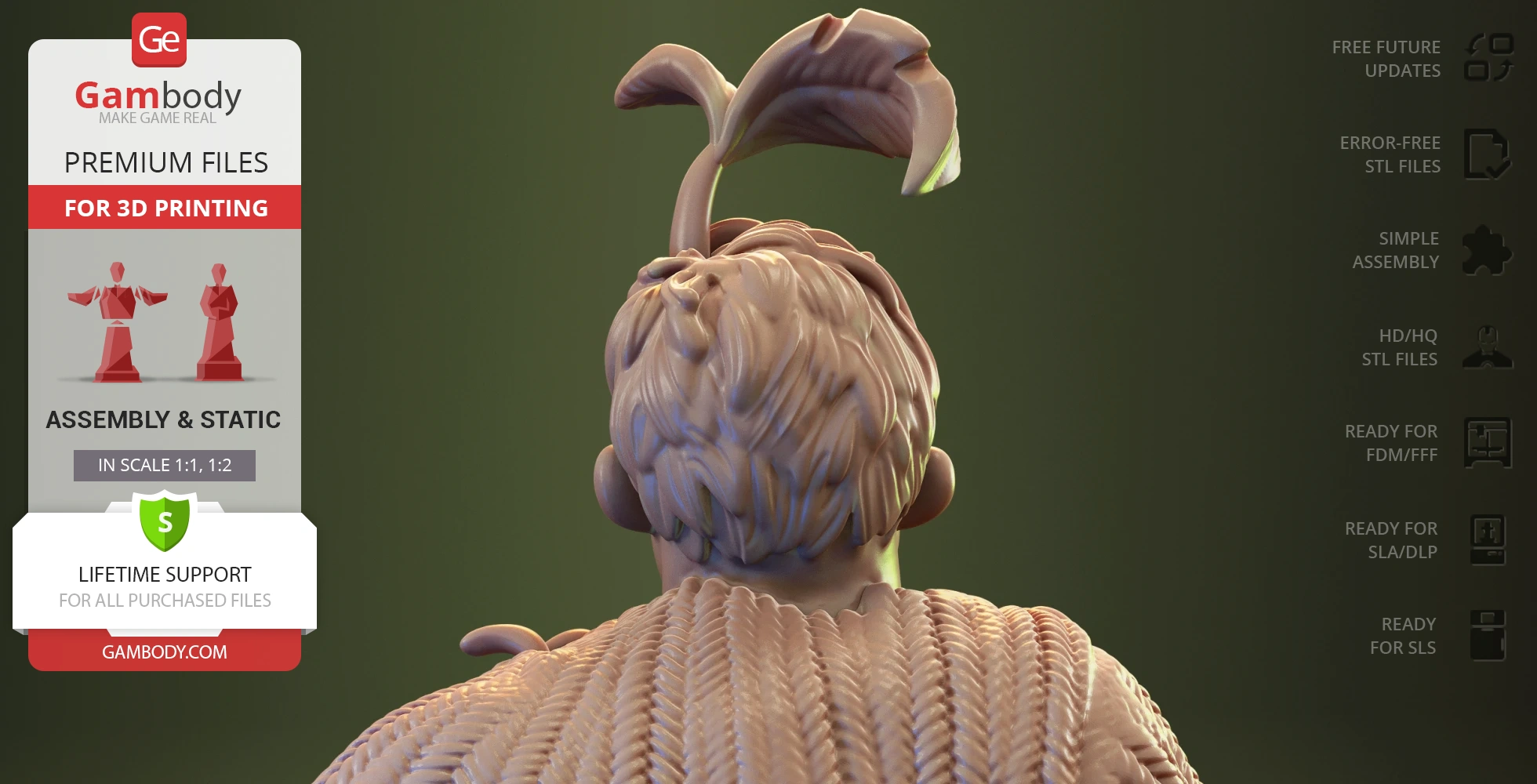 3D model of a character with textured hair and a plant-like sprout on their head, viewed from behind.