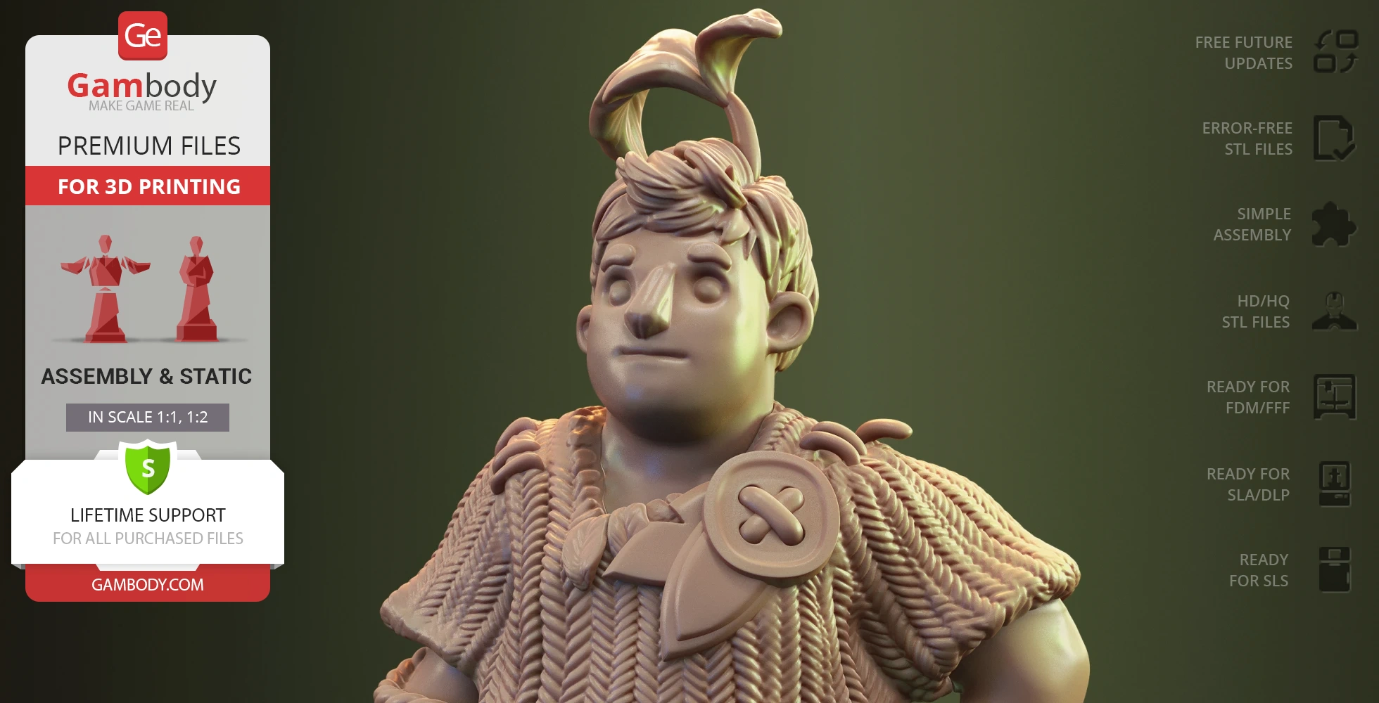 A 3D model character with leaf-like hair and a knitted outfit, suitable for 3D printing.