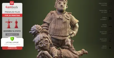 Two stylized characters, one standing confidently and one lounging, in a detailed 3D printed diorama.