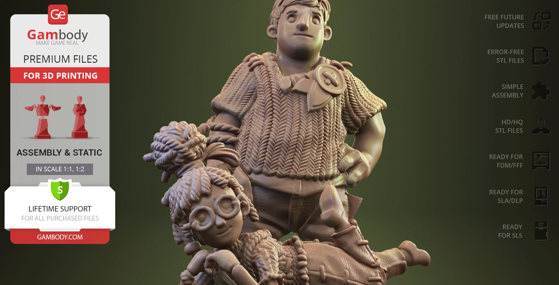 Two stylized characters, one standing confidently and one lounging, in a detailed 3D printed diorama.