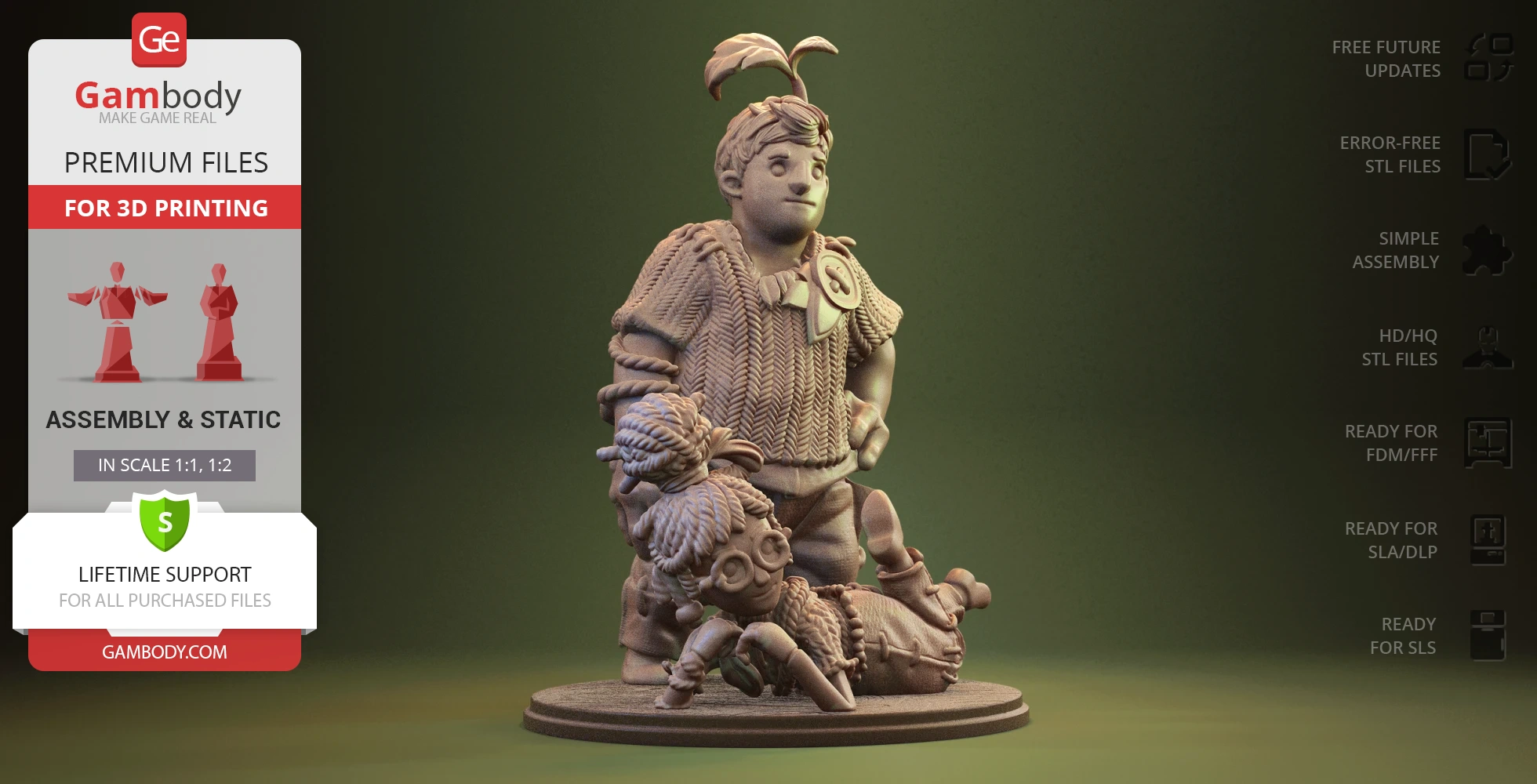 A 3D diorama featuring two stylized characters with detailed clothing, one standing, the other lying down playfully.