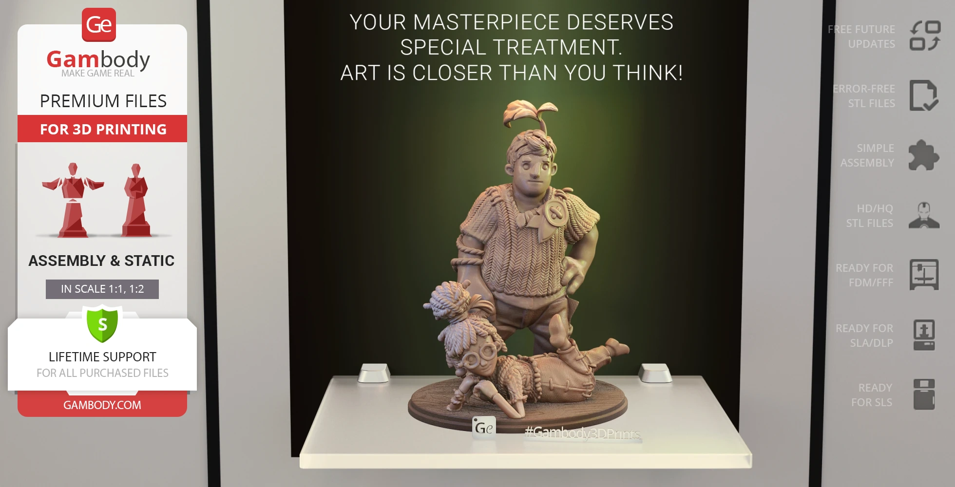 Two characters, Cody and May, in a playful pose on a diorama base for 3D printing.