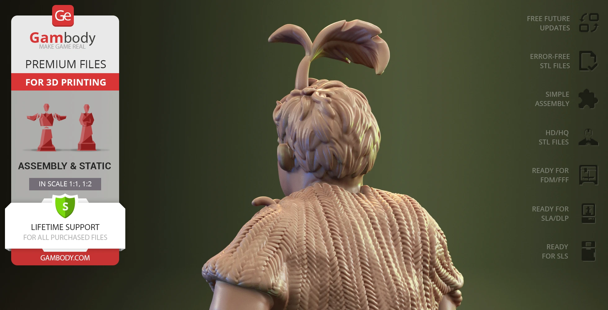 Figurine with leaf hair, textured clothing, shown from the back, for 3D printing.