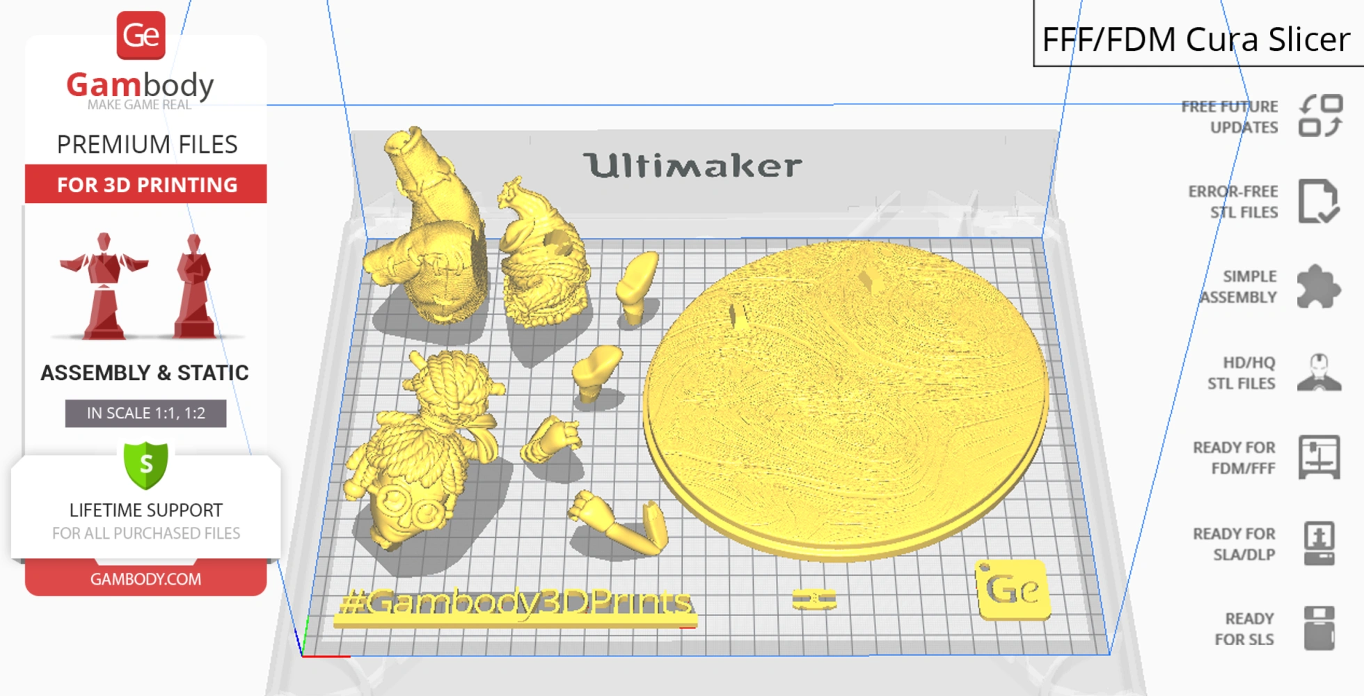 3D print layout of character parts and a round diorama base on a gridded platform.