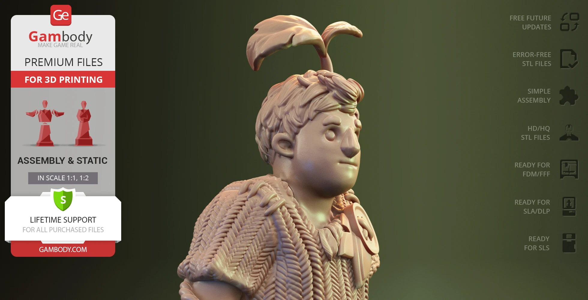 3D model of a character with a textured sweater and leaf on head, designed for 3D printing.