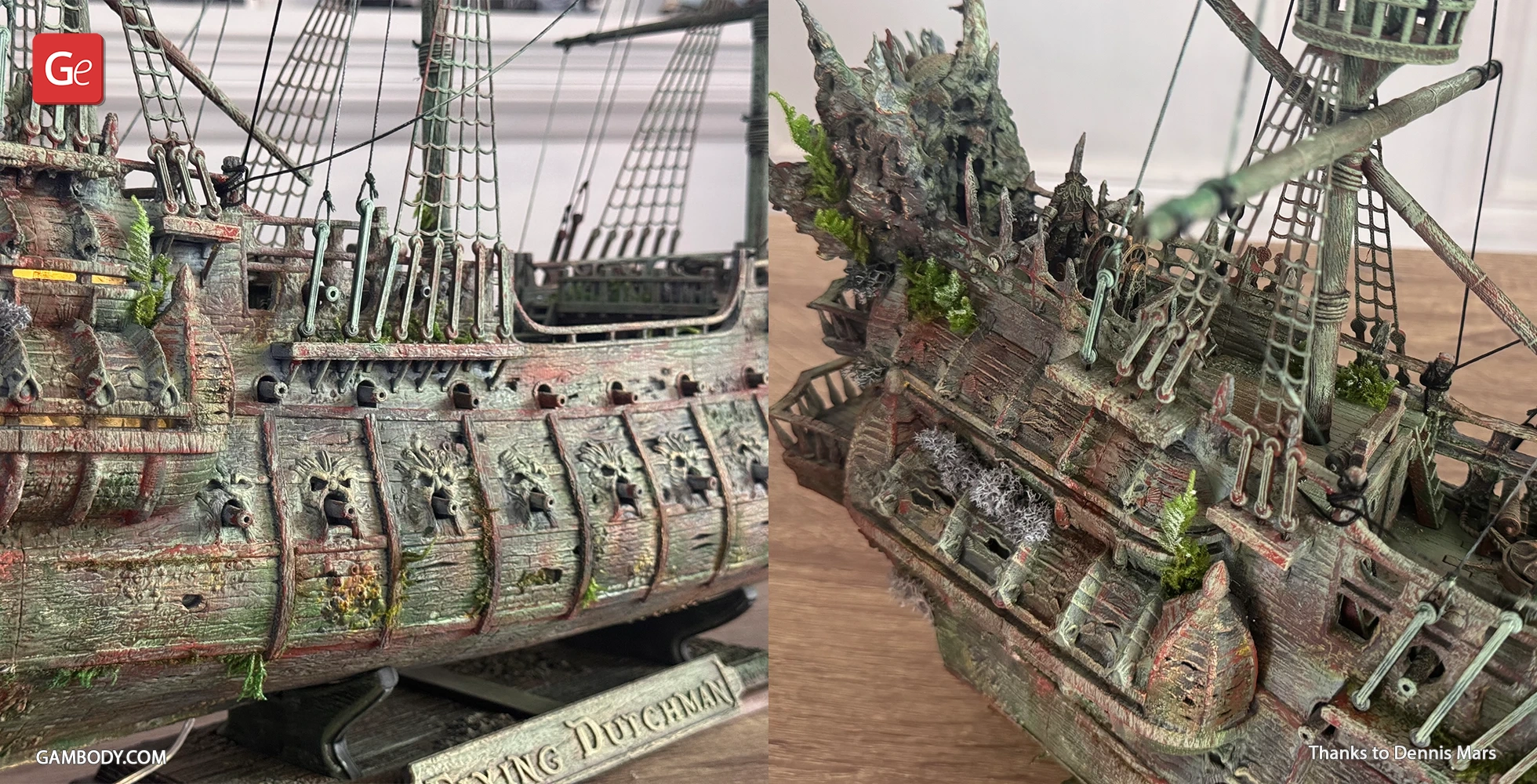 Intricately detailed, weathered ship model with sails and plant growth, labeled 'Flying Dutchman.'