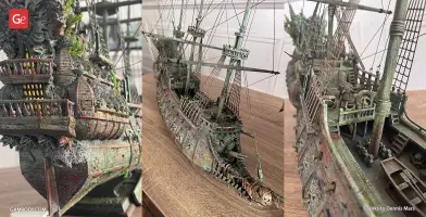 Highly detailed 3D model of the Flying Dutchman ship, with aged wood and intricate rigging.
