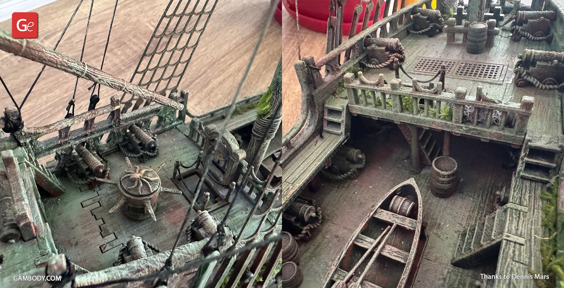 Detailed model of the Flying Dutchman ship, featuring deck details, cannons, and weathered textures.